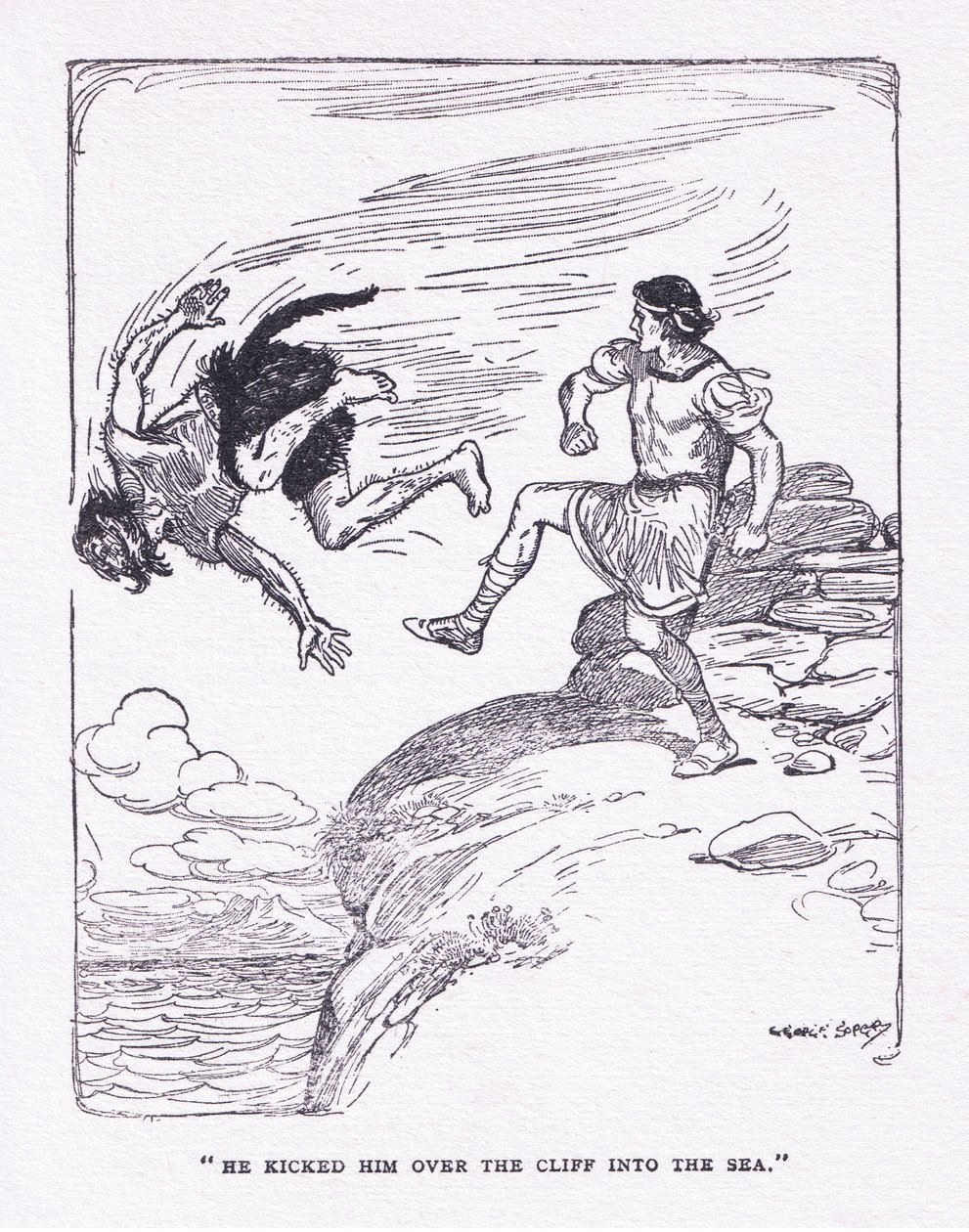 उन्होंने जॉर्ज एलेन और अनविन 1929 (कलर लिथो) द्वारा प्रकाशित द हीरोज से समुद्र में चट्टान पर उसे लात मारी द्वारा जॉर्ज सॉपर