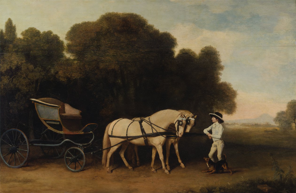 क्रीम टट्टू की एक जोड़ी और एक अस्तबल-बालक के साथ फेटन, 1780 और 1784। द्वारा जॉर्ज स्टब्स