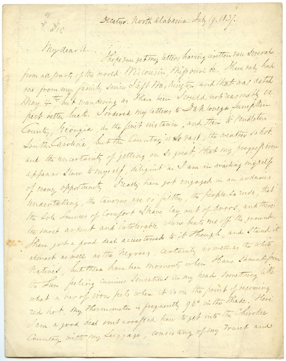 अधूरा पत्र [GW Featherstonhaugh], Decatur, NC, कर्नल एबर्ट को [जॉन जेम्स एबर्ट], 19 जुलाई, 1837 द्वारा जॉर्ज विलियम फेदरस्टनहॉघ