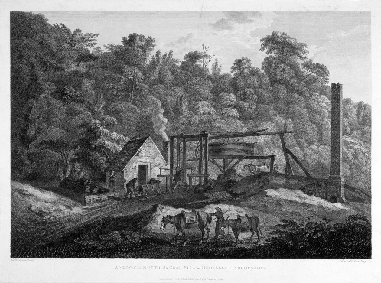 फ्रांसिस चेशम (1749-1806) 1788 द्वारा उकेरी गई श्रॉपशायर के ब्रोस्ली के पास एक कोयला गड्ढे के मुंह का एक दृश्य द्वारा रॉबर्टसन के बाद जॉर्ज