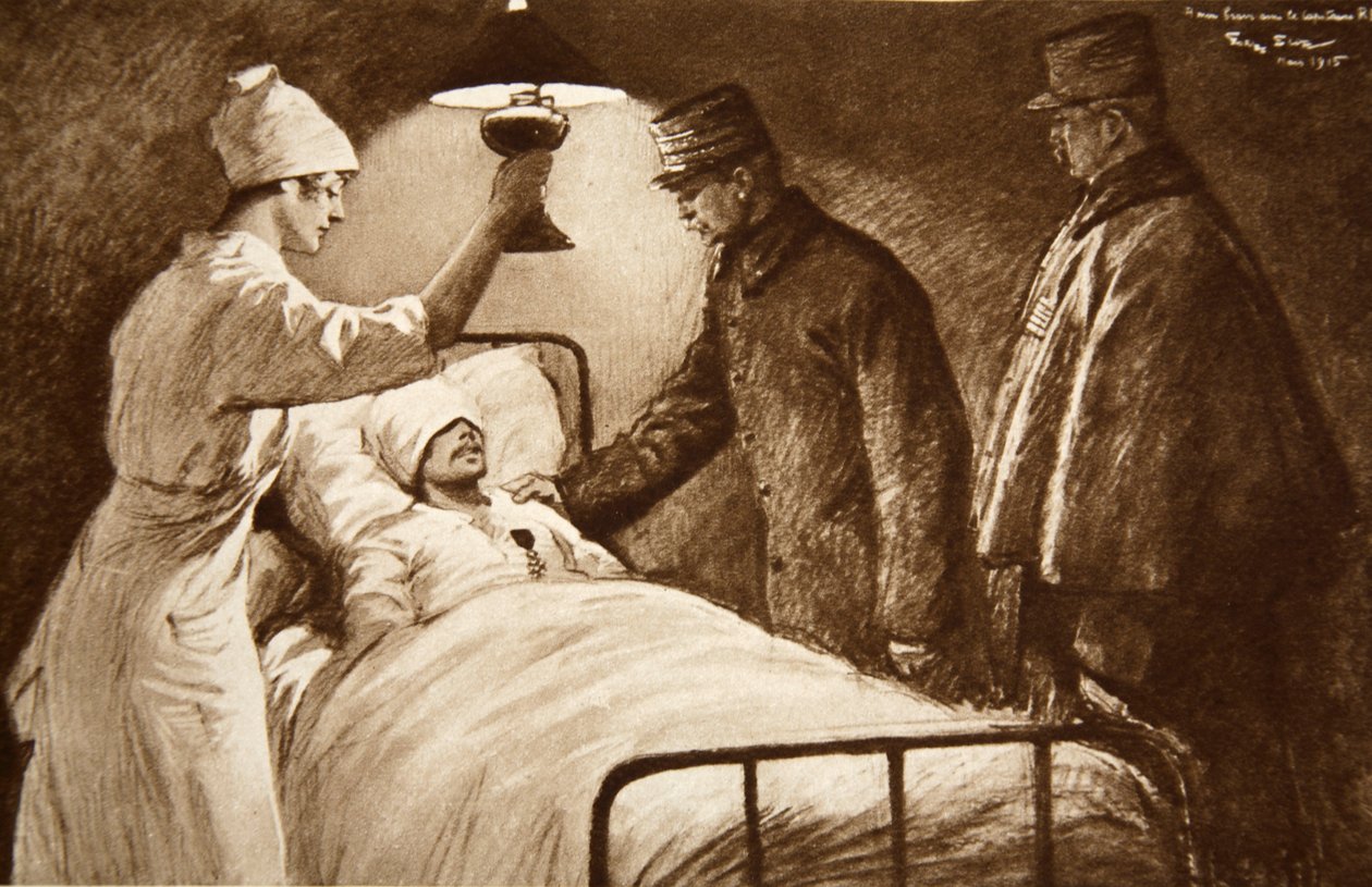 लीजन ऑफ ऑनर के एक शेवालियर: एक घायल फ्रांसीसी कप्तान, एक दिलेर ऑपरेशन से गुजरने के लिए, जिसे &39;द इलस्ट्रेटेड वॉर न्यूज&39; के क्षेत्र-अस्पताल में उनके जनरल द्वारा सजाया गया था। द्वारा जॉर्जेस बर्टिन स्कॉट