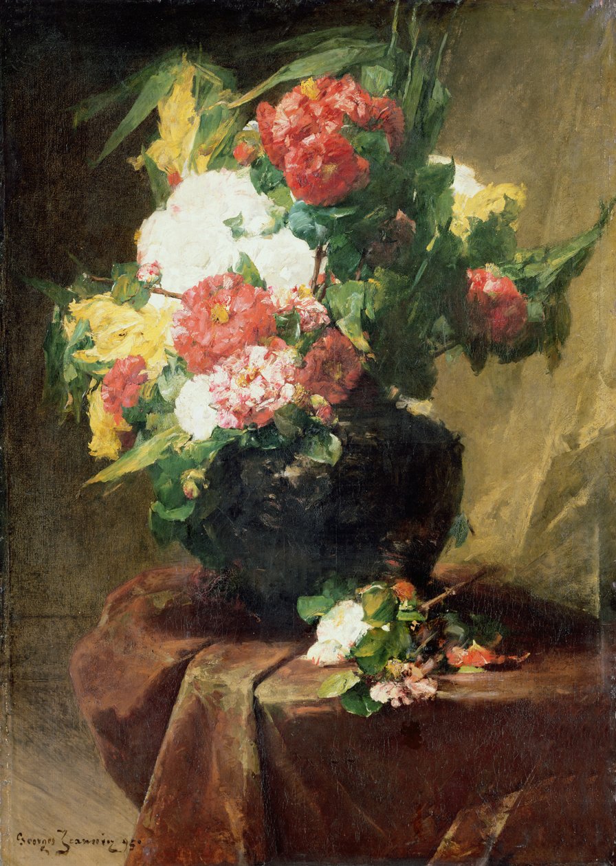 ड्रेस्ड टेबल पर एक फूलदान में Peonies। 1895 द्वारा जॉर्जेस जीनिन
