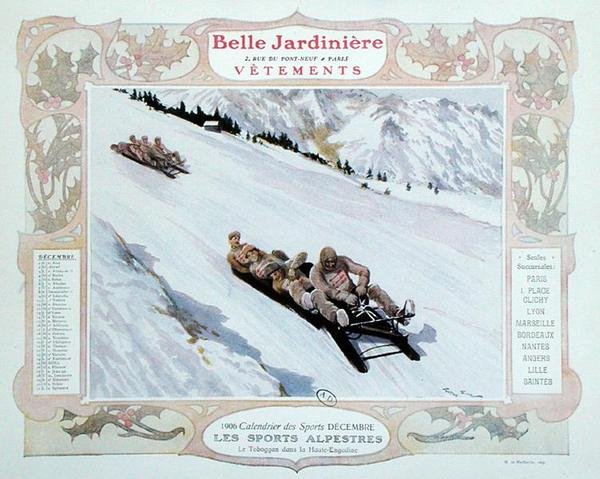 Tobogganing, कपड़े की दुकान 'ला बेले जार्डिनियर' के लिए एक कैलेंडर से दिसंबर के लिए चित्रण द्वारा जॉर्जेस बर्टिन स्कॉट