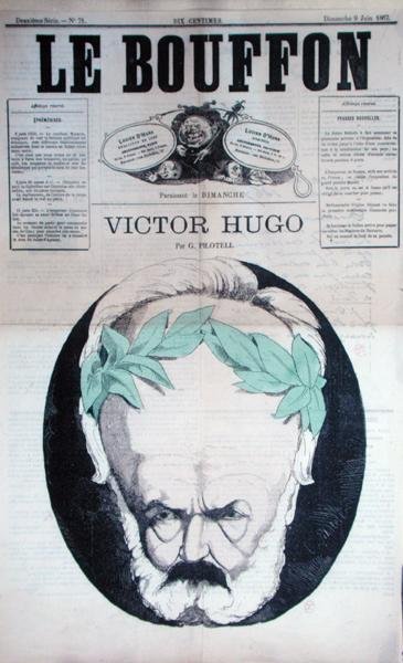 विक्टर ह्यूगो का कैरिकेचर (1802-85) 'ले बौफॉन' के सामने के कवर से, जून 1867 (लिथो) द्वारा जॉर्जेस लाबाडी पायलटेल