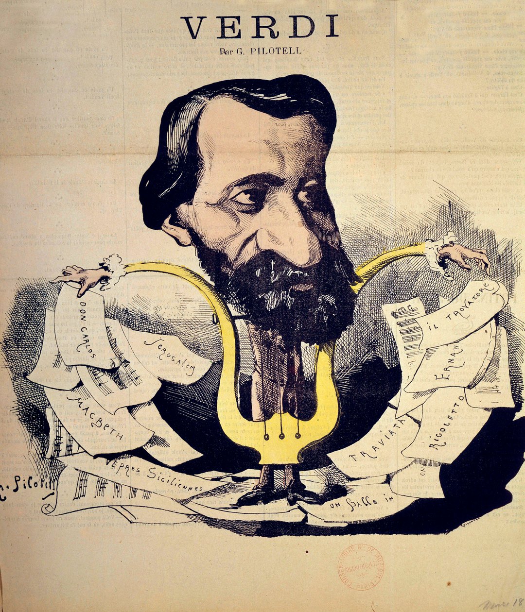 पिलोटेल (1845-1918) मार्च 1869 द्वारा संगीतकार ग्यूसेप वर्डी (1813-1901) द्वारा कार्टून। संगीतविद्यालय नेशनल डी म्यूसिक, पेरिस द्वारा जॉर्जेस लाबाडी पायलटेल
