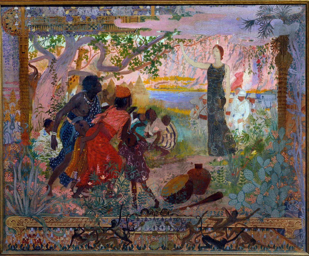 अकादमिक कला या अग्निशामक: "अफ्रीका की विजय"" उपनिवेशवाद के बारे में रूपक एक युवा श्वेत महिला का प्रतिनिधित्व करता है जो पूरी तरह से भयभीत अफ्रीकी परिवारों की ओर बढ़ रही है। जॉर्जेस एंटोनी रोशेग्रोस (1859-1938) 1900 पेरिस, मुसी डू लक्जमबर्ग द द्वारा जॉर्जेस मैरी रोशग्रोस