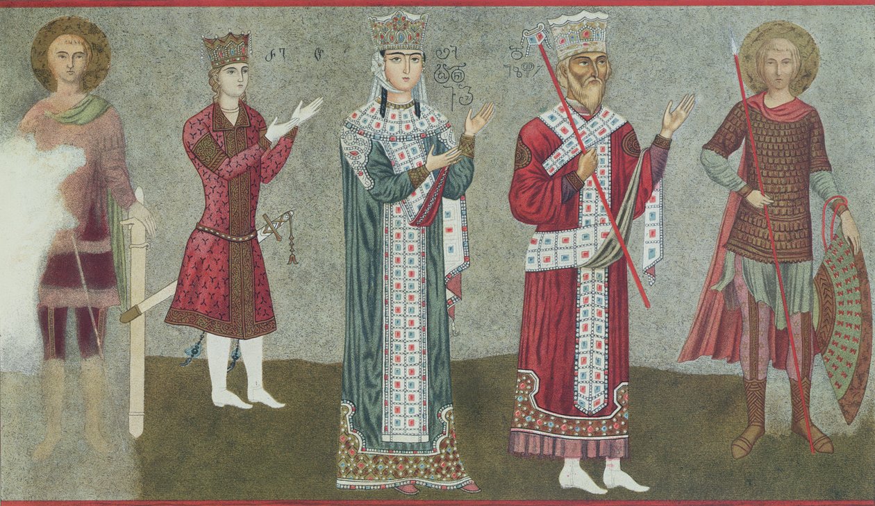 रानी थमार (1184-1213) और उनके पिता राजा ग्रिगोरि III (1156-1184) को दर्शाती एक भित्तिचित्र की प्रति द्वारा जॉर्जियाई स्कूल