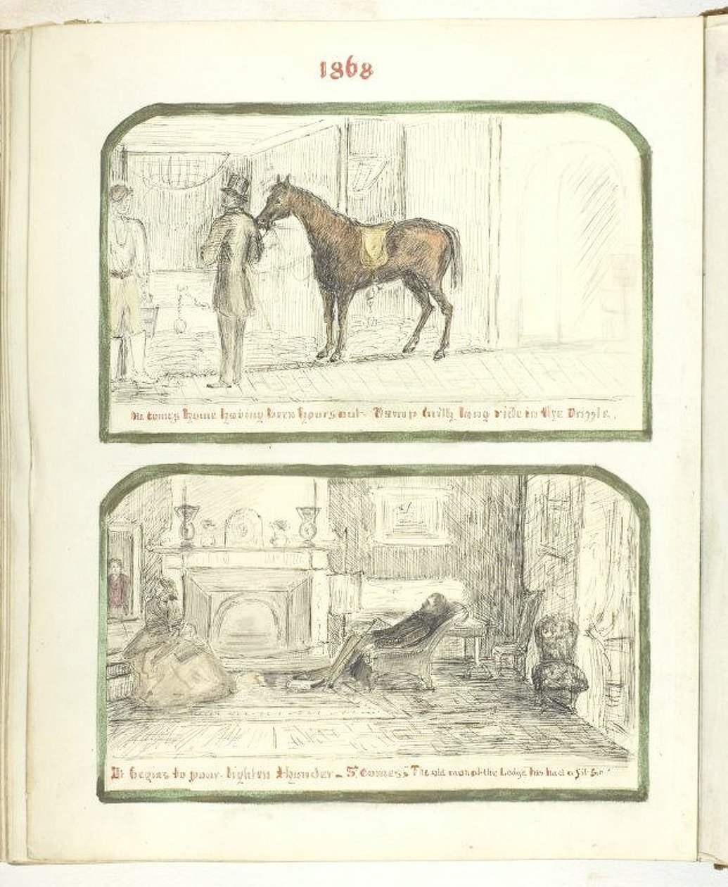 शीर्षकहीन [घोड़े के साथ आदमी, और युगल आग से आराम], 1868। द्वारा जॉर्जिना काउपर