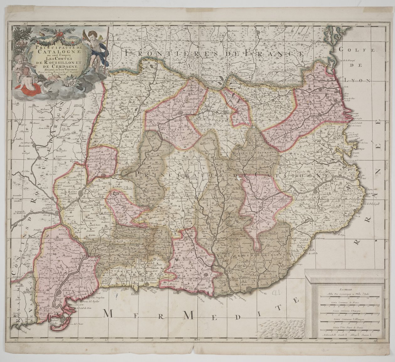 कैटेलोनिया की रियासत, c.1702 (हाथ से रंगी हुई नक़्क़ाशी) द्वारा जेरार्ड वल्क