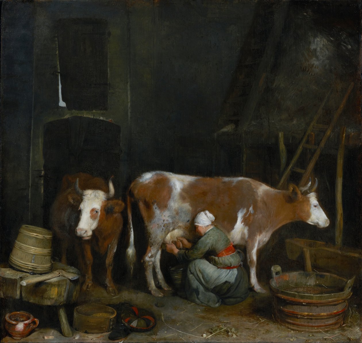 एक खलिहान में एक गाय को दूध पिलाते हुए, C.1652-54 (पैनल पर तेल) द्वारा जेरार्ड टेर बोरचो