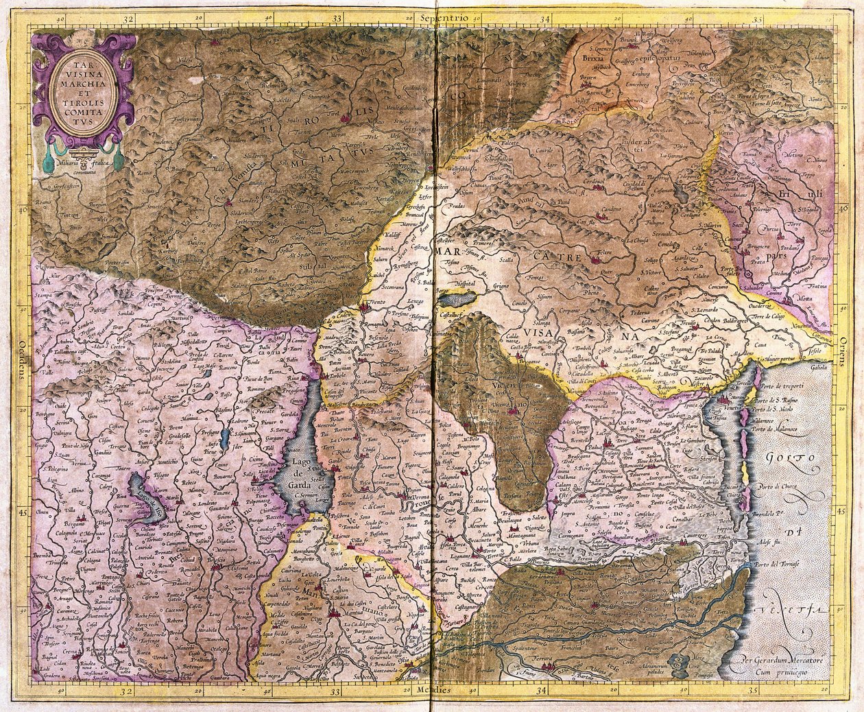 वेनिस की खाड़ी से तिरोल तक, लागो डि गार्डा और वेरोना, इटली पर केंद्रित (उत्कीर्णन) द्वारा जेरार्डस मर्केटर