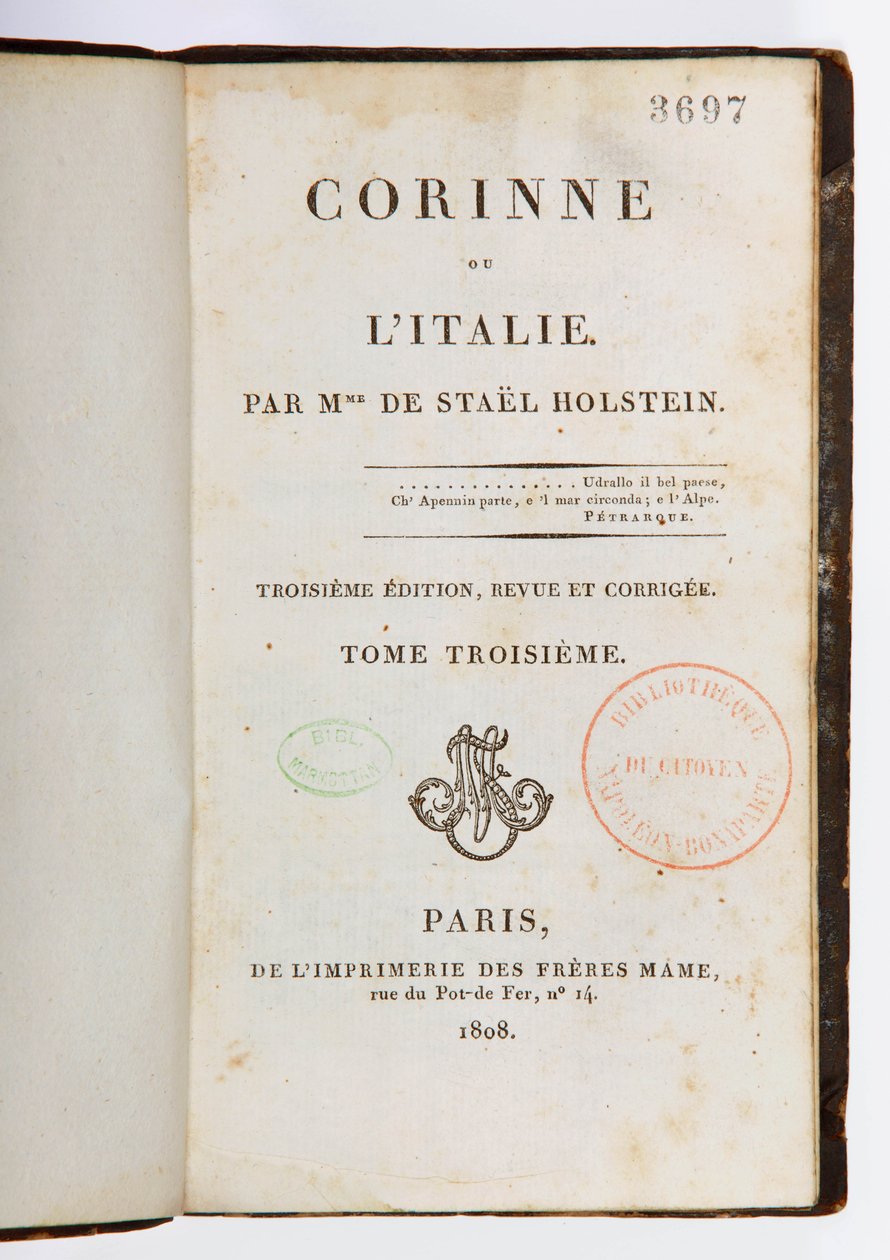 Corinne ou lItalie का शीर्षक पृष्ठ, तीसरा संशोधित और बढ़े हुए संस्करण, तीसरा खंड, Imprimerie des Freres Mame, Paris, 1808 (मुद्रित पत्र) द्वारा जर्मेन डे स्टेल
