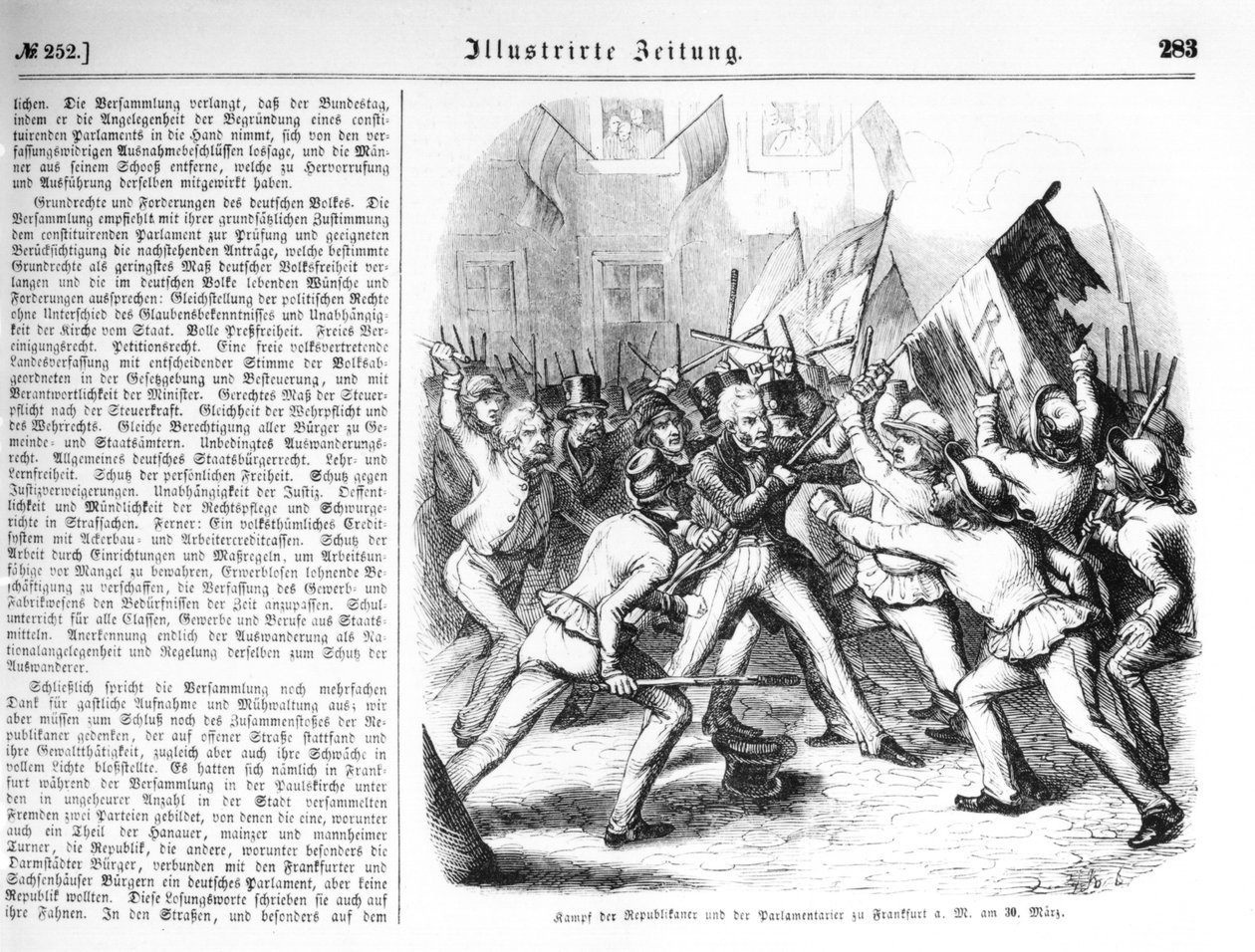 30 मार्च 1848 को फ्रैंकफर्ट-एम-मेन में रिपब्लिकन और संसद के सदस्यों के बीच लड़ाई, &39;इलस्ट्रेटर जेइटुंग&39; से चित्रण द्वारा जर्मन स्कूल