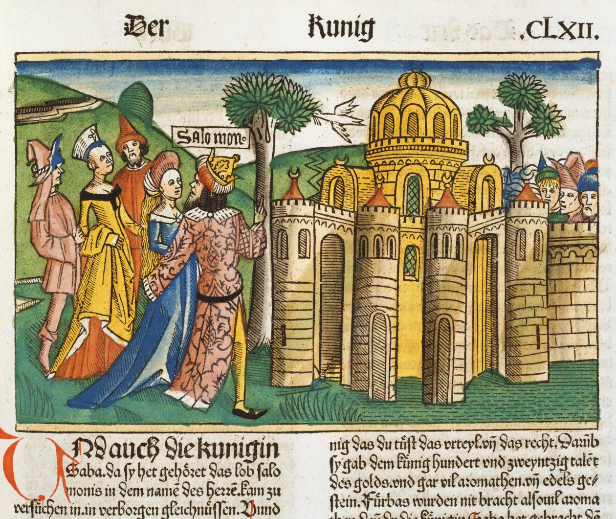 I किंग्स 10 1-13 क्वीन ऑफ शबा सुलेमान, नूर्नबर्ग बाइबिल (Biblia Sacra Germanaica) (रंगीन वुडकट) द्वारा जर्मन स्कूल