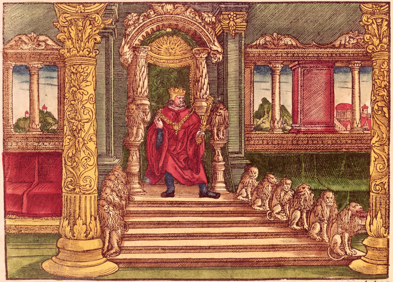 लूथर बाइबिल, c.1530 (रंगीन वुडकट) से राजा सोलोमन अपने सिंहासन, 1 संस्करण पर द्वारा जर्मन स्कूल
