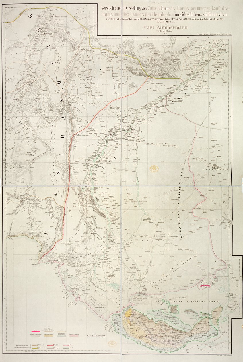 1851 में कार्ल ज़िमरमैन द्वारा भारत के कच्छ क्षेत्र का नक्शा और पड़ोसी बलूचिस्तान के साथ इसकी सीमा द्वारा जर्मन स्कूल