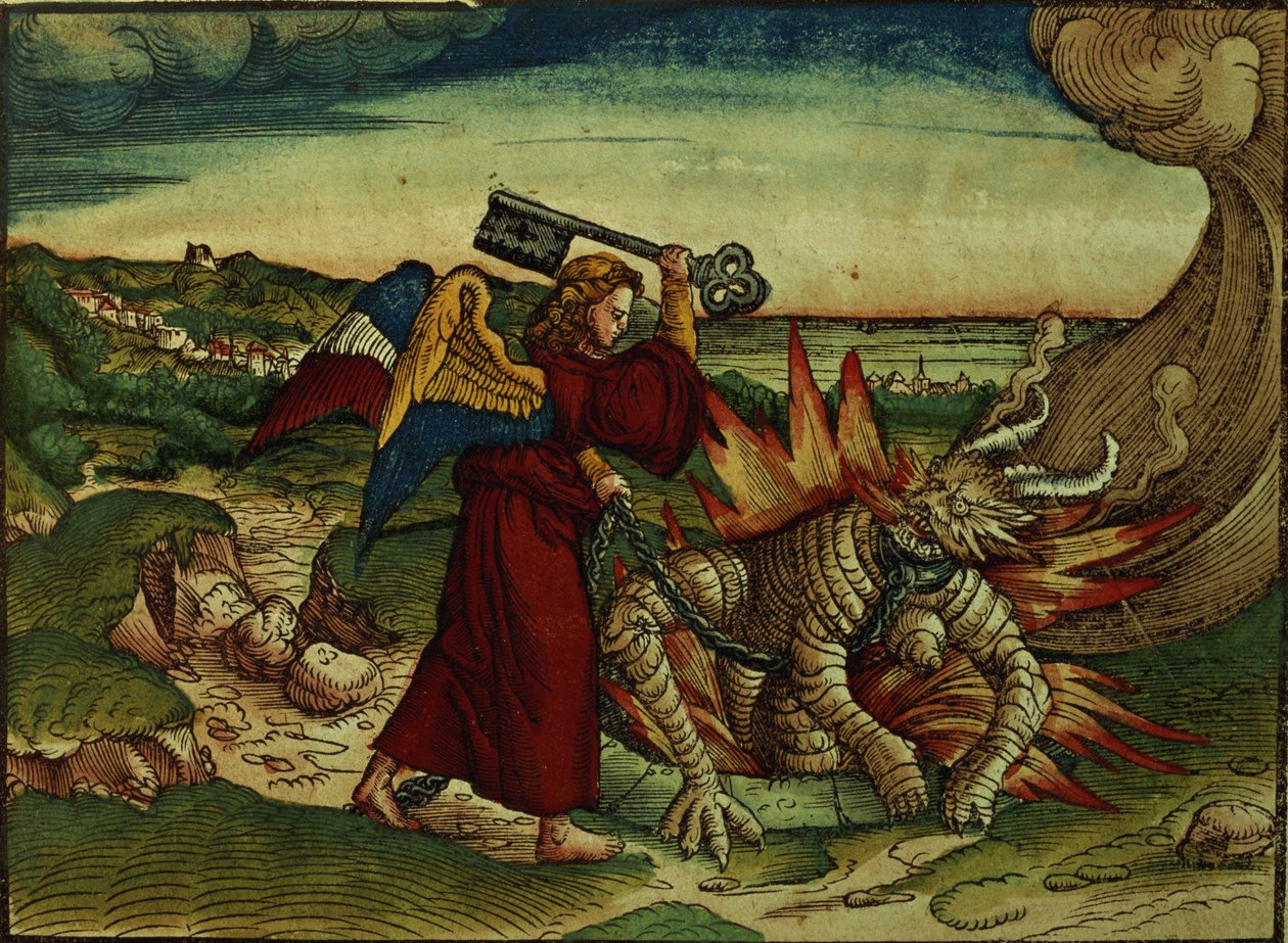 रहस्योद्घाटन 20:18 लूथर बाइबिल, c.1530 (रंगीन वुडकट) से अथाह गड्ढे की कुंजी, 1 संस्करण द्वारा जर्मन स्कूल
