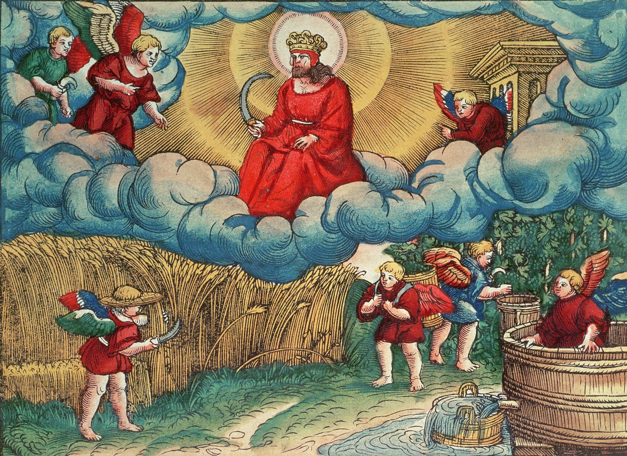 रहस्योद्घाटन 14:14 लूथर बाइबिल, c.1530 (रंगीन लकड़बग्घा) से लावक, आर्मागेडन की दृष्टि द्वारा जर्मन स्कूल