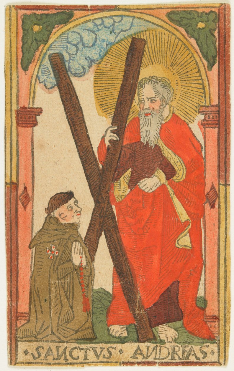 सेंट एंड्रयू विथ अ मॉन्क (एल्सस), c.1500 (हाथ से रंगा लकड़ा) द्वारा जर्मन स्कूल
