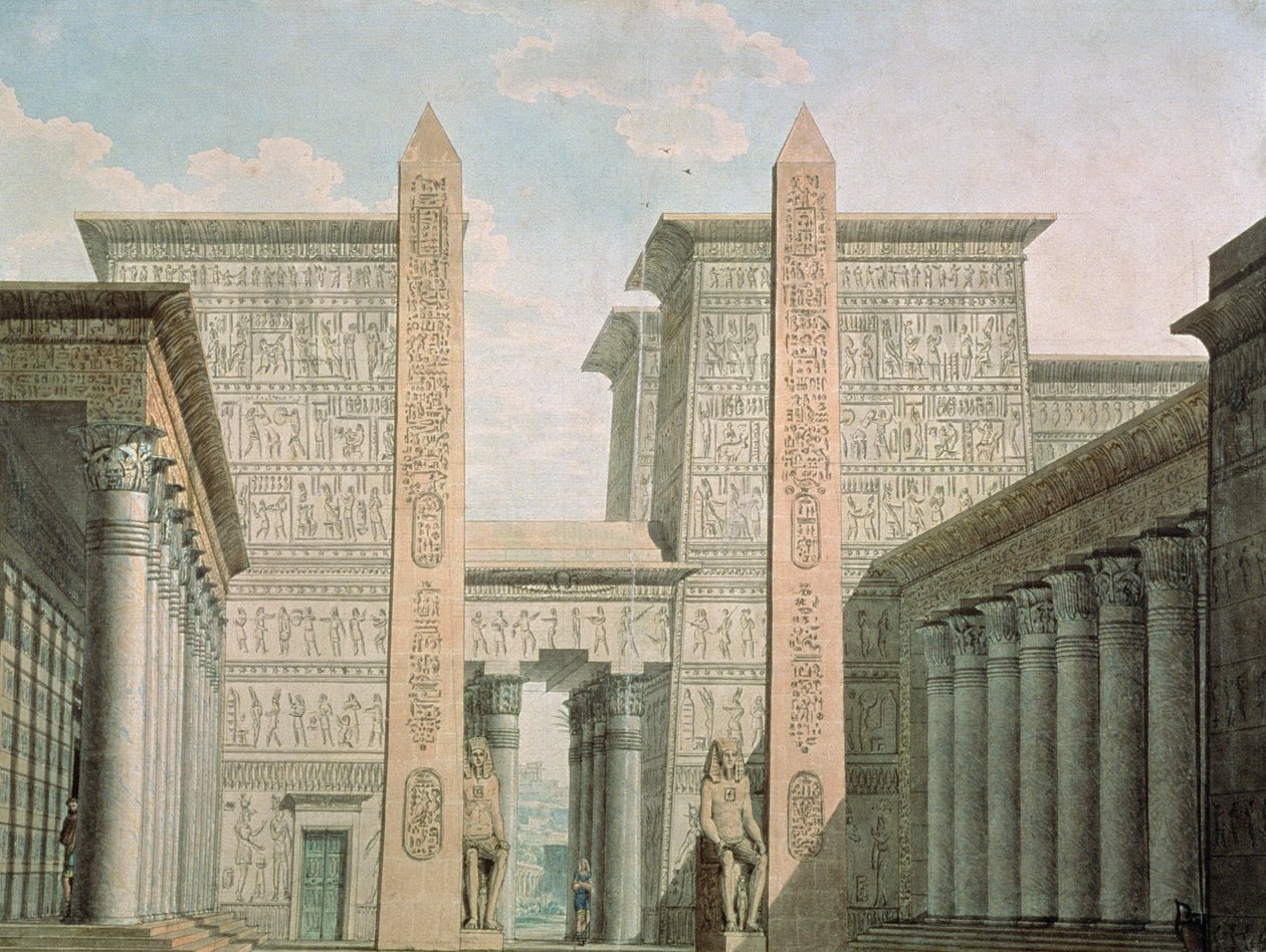 मंदिर में प्रवेश, अधिनियम I दृश्य iii, वोल्फगैंग एमेडस मोजार्ट (1756-91) द्वारा &39;द मैजिक फ्लूट&39; के लिए डिज़ाइन तैयार किया गया द्वारा जर्मन स्कूल