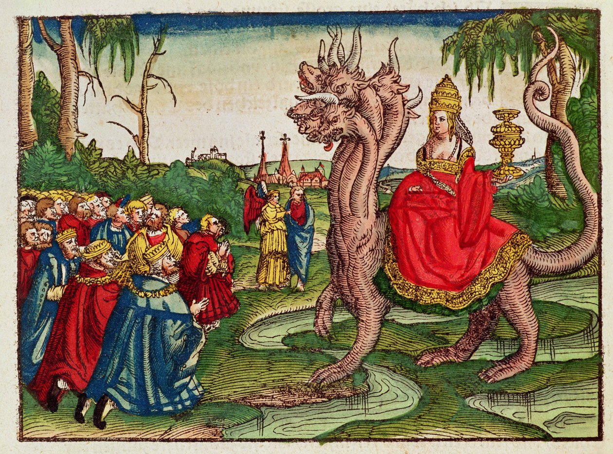 बाबुल का वेश्या, लूथर बाइबिल से, c.1530 (रंगीन लकड़ियाँ) द्वारा जर्मन स्कूल