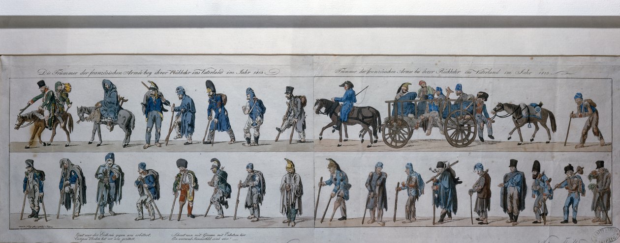 1813 में रूस से पराजित फ्रांसीसी सेना की वापसी (हाथ के रंग की नक्काशी) द्वारा जर्मन स्कूल