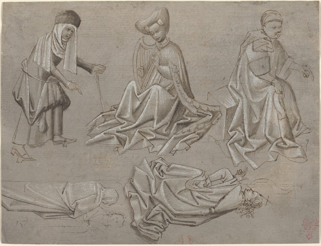 छह आकृतियों के लिए अध्ययन (एक मॉडल पुस्तक से शीट) [रेक्टो] द्वारा जर्मन 15वीं सदी