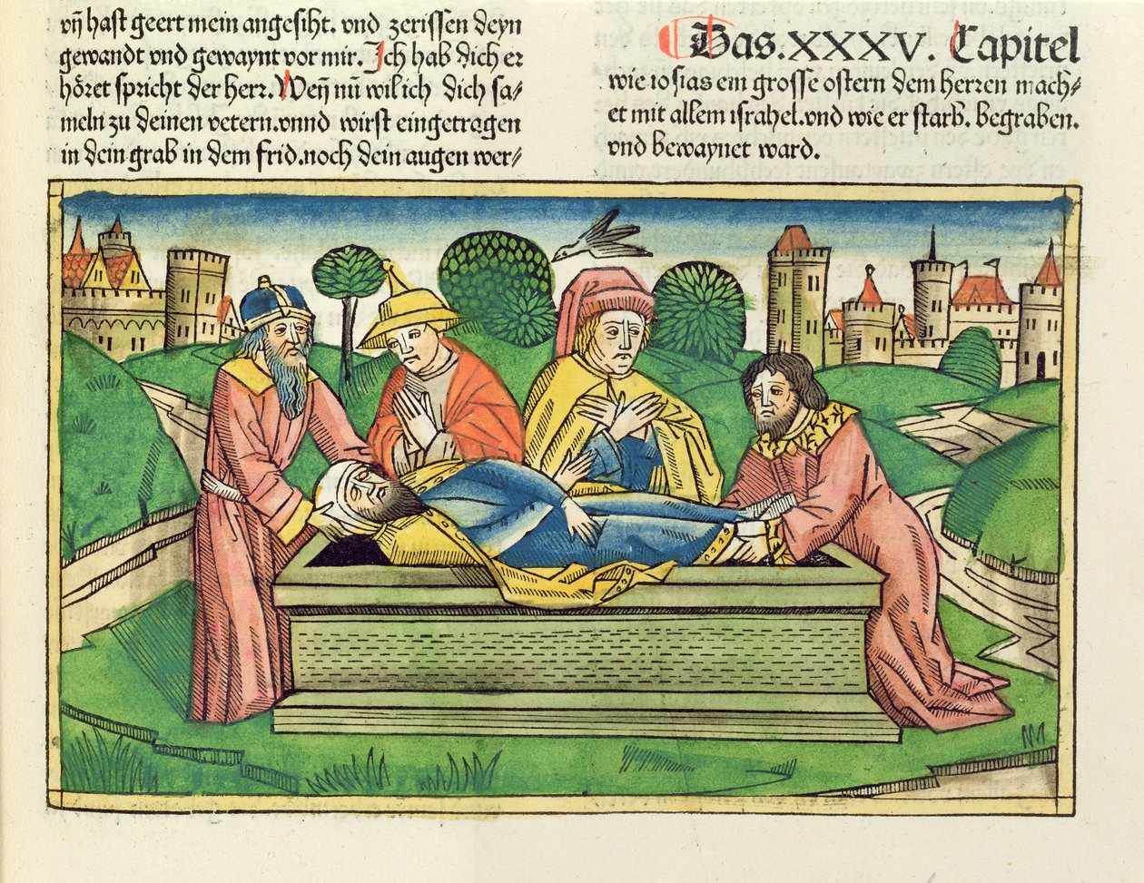 2 इतिहास 35 24 जोसेहिया का दफन, नूर्नबर्ग बाइबिल (Biblia Sacra Germanaica) (रंगीन लकड़ियों) द्वारा जर्मन स्कूल
