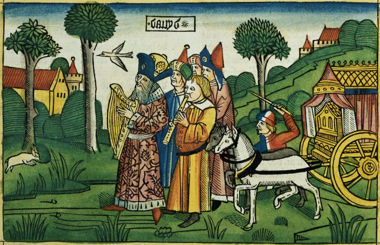 2 शमूएल 6 1-5 डेविड नूर्नबर्ग बाइबिल (Biblia Sacra Germanaica) (रंगीन लकड़बग्घा) से जेरूसलम में सन्दूक लाता है। द्वारा जर्मन स्कूल