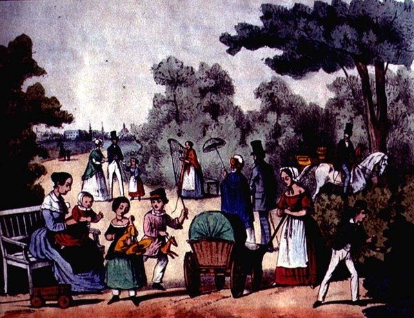 गर्मियों में एक जर्मन पार्क, c.1860 (रंग उत्कीर्णन) द्वारा जर्मन स्कूल