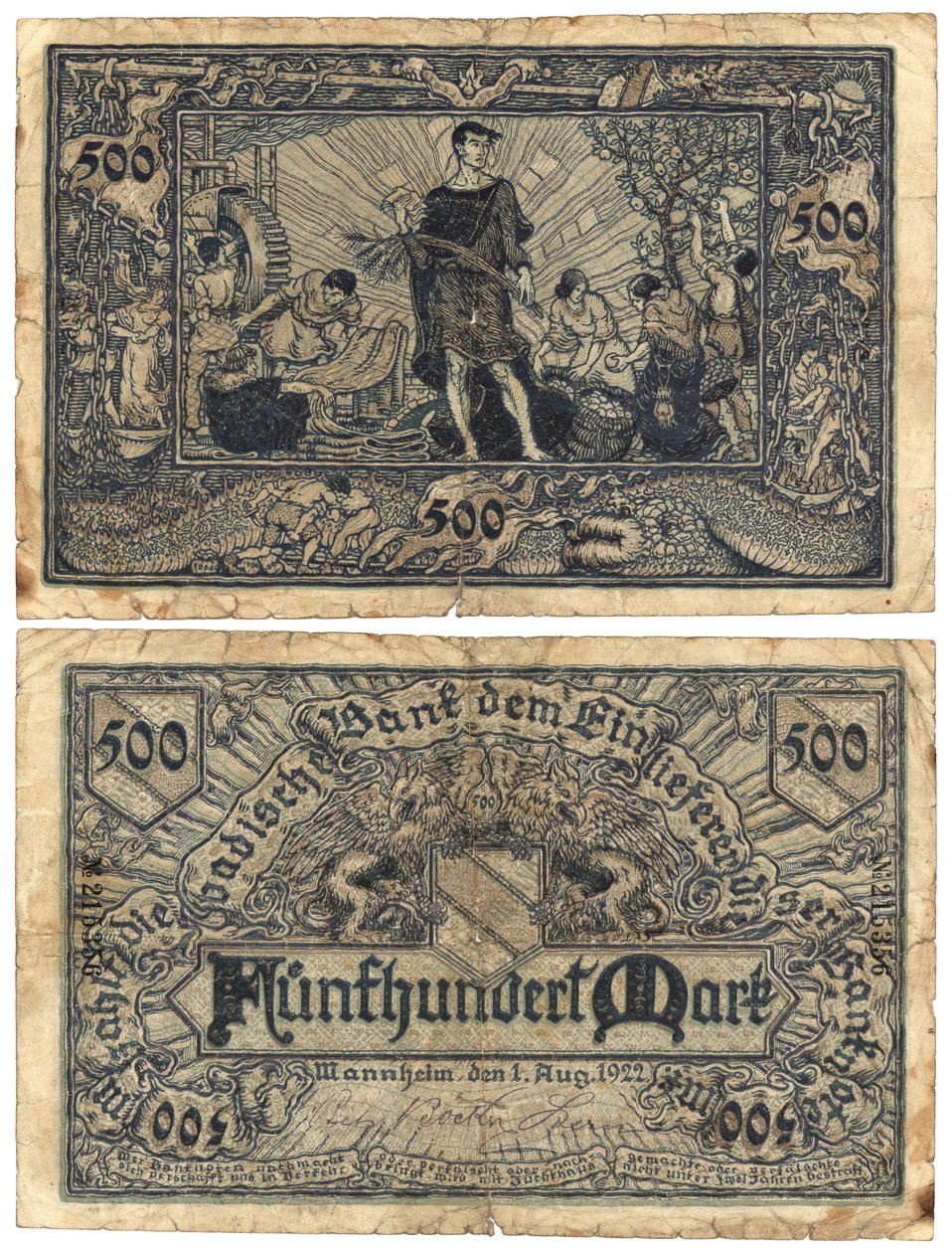 एक पांच सौ का चिह्न बैंकनोट, 1922 (रेक्टो और वर्सो) द्वारा जर्मन स्कूल