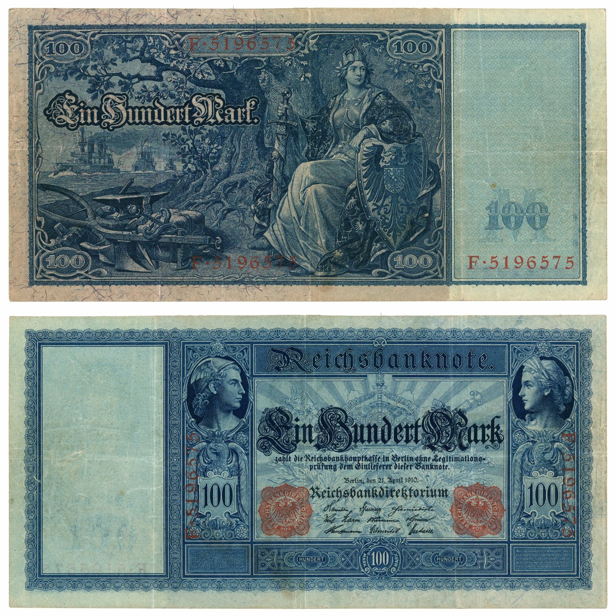 एक सौ निशान बैंकनोट, 1910 (रेक्टो और वर्सो) द्वारा जर्मन स्कूल