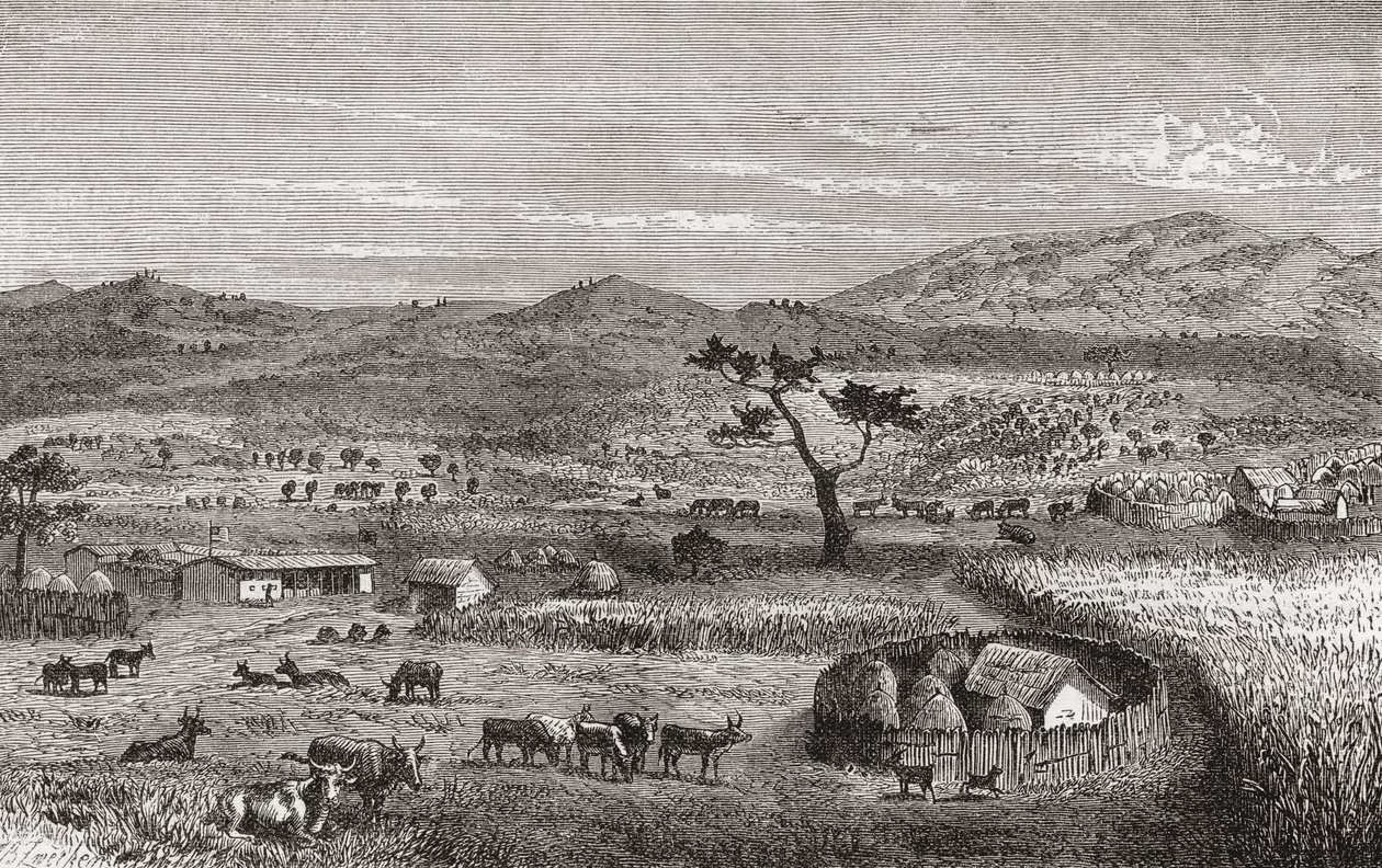1878 में प्रकाशित &39;द वर्ल्ड इन द हैंड्स&39; का चित्रण, पश्चिम अफ्रीका के कोइहारा में एक बस्ती द्वारा जर्मन स्कूल