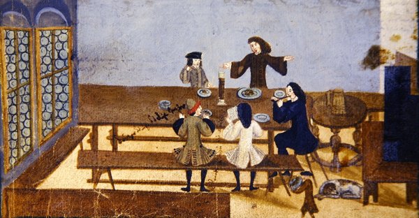 शराब पीने के आंकड़ों के साथ एक सराय का आंतरिक दृश्य, c.1690 (कागज पर गौचे) द्वारा जर्मन स्कूल