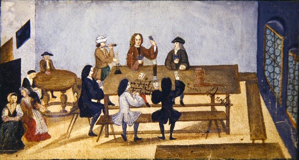 ताश खेलते हुए आकृतियों के साथ एक सराय का आंतरिक दृश्य, c.1690 (कागज पर गौचे) द्वारा जर्मन स्कूल