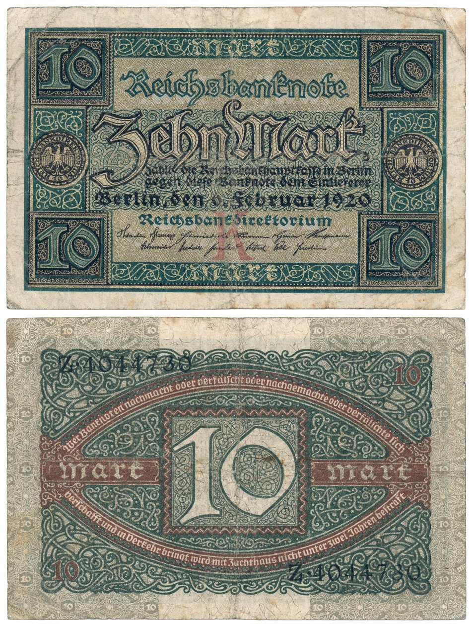 एक दस का निशान बैंकनोट, 1920 (रेक्टो और वर्सो) द्वारा जर्मन स्कूल