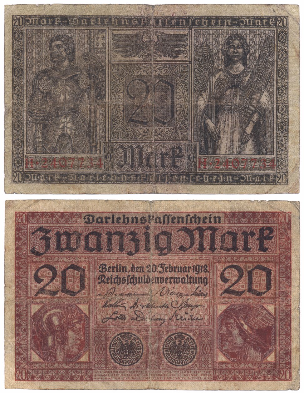 एक बीस का निशान बैंकनोट, 1918 (रेक्टो और प्रोमो) द्वारा जर्मन स्कूल
