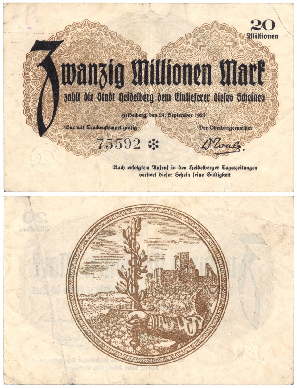 एक बीस मिलियन मार्क बैंकनोट, 1923 (रेक्टो और वर्सो) द्वारा जर्मन स्कूल