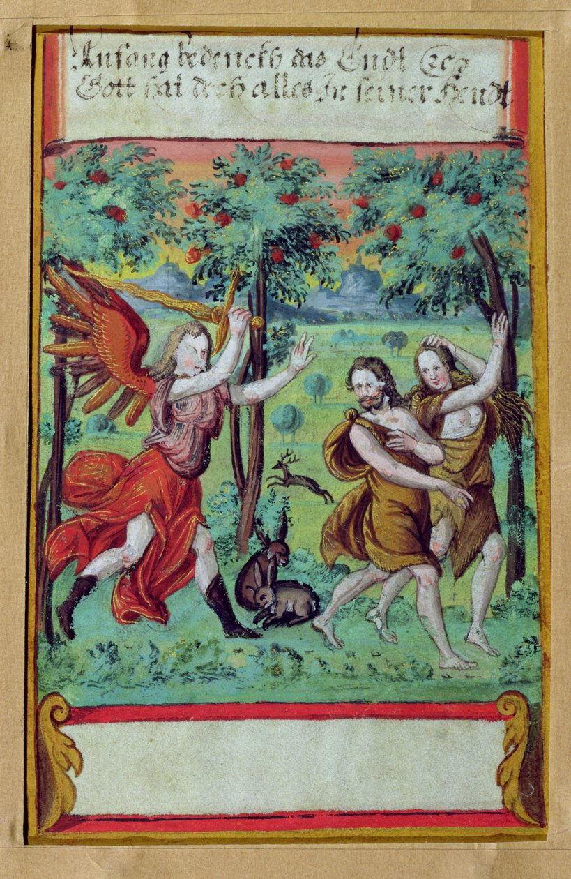 एडम और ईव ईडन गार्डन से निष्कासित, c.1640 (वेल्लम पर गौचे) द्वारा जर्मन स्कूल