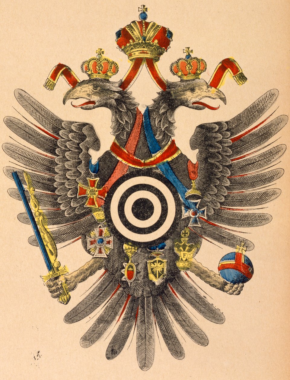 तीरंदाजी लक्ष्य के रूप में हथियारों का ऑस्ट्रो-हंगरी शाही कोट, c.1865 (रंगीन लकड़हारा) द्वारा जर्मन स्कूल