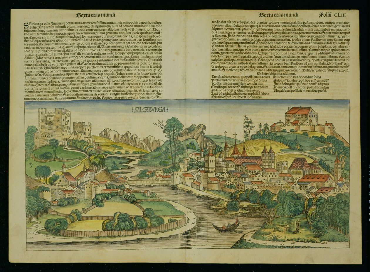 हार्टमैन शेडेल (1440-1514) 1493 द्वारा नूर्नबर्ग क्रॉनिकल से साल्ज़बर्ग के पक्षी नेत्र दृश्य द्वारा जर्मन स्कूल