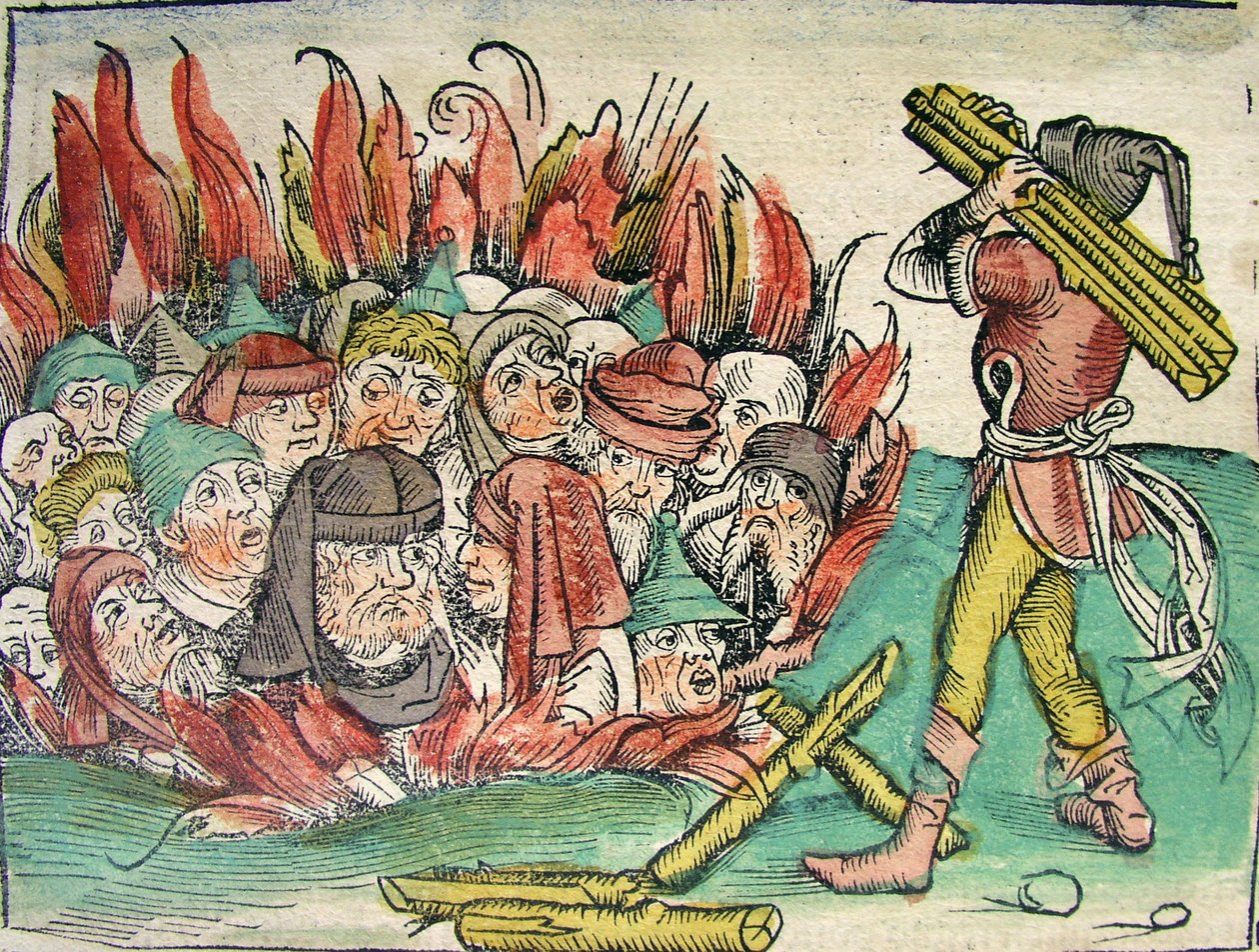 यहूदियों का जलना, नूर्नबर्ग क्रॉनिकल में प्रकाशित, 1493 द्वारा जर्मन स्कूल
