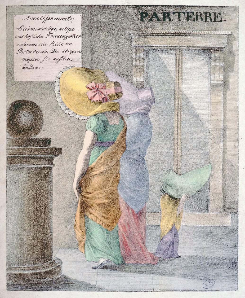 महिलाओं को भारी टोपी पहनने के लिए फैशन का उपहास करते कार्टून, 1820 के लगभग द्वारा जर्मन स्कूल