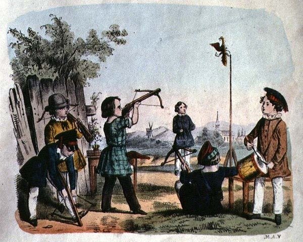 आर्कब्यूज़ के साथ लक्ष्य की शूटिंग करते बच्चे, c.1860 (रंग उत्कीर्णन) द्वारा जर्मन स्कूल