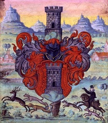 एक शिकार दृश्य के भीतर हथियारों का कोट, c.1640 (चर्मपत्र पर गौचे) द्वारा जर्मन स्कूल