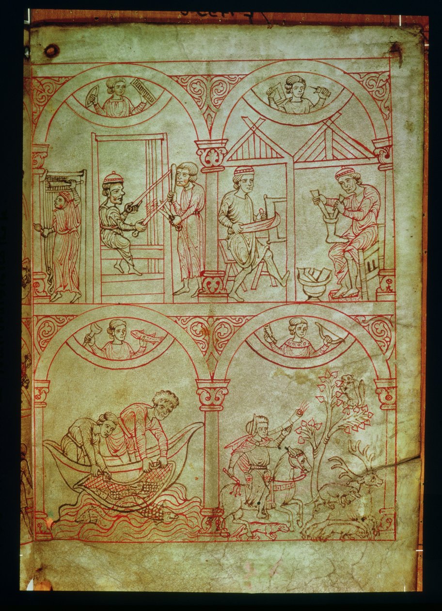 कोडेक्स 507 fol.2r वीवर, शूमेकर, मछुआरों और हंटर, रेनर मस्टरबच से, c.1208-18 द्वारा जर्मन स्कूल