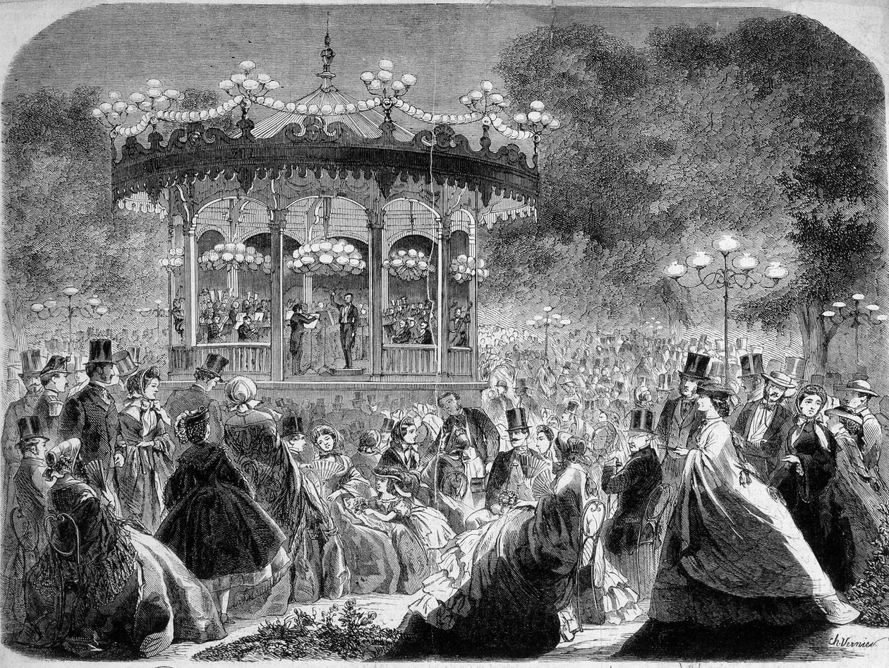 Champs-Elysées संगीत कियोस्क में संगीत कार्यक्रम, जर्मन उत्कीर्णन v. १८६१। द्वारा जर्मन स्कूल