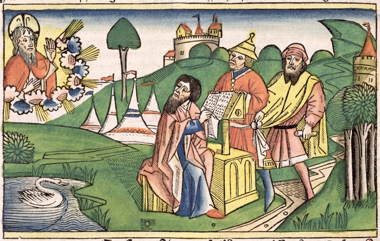 व्यवस्थाविवरण: मोर्चे का भाई जिसमें नूरेमबर्ग बाइबिल (Biblia Sacra Germanaica) (रंगीन वुडकट) द्वारा जर्मन स्कूल