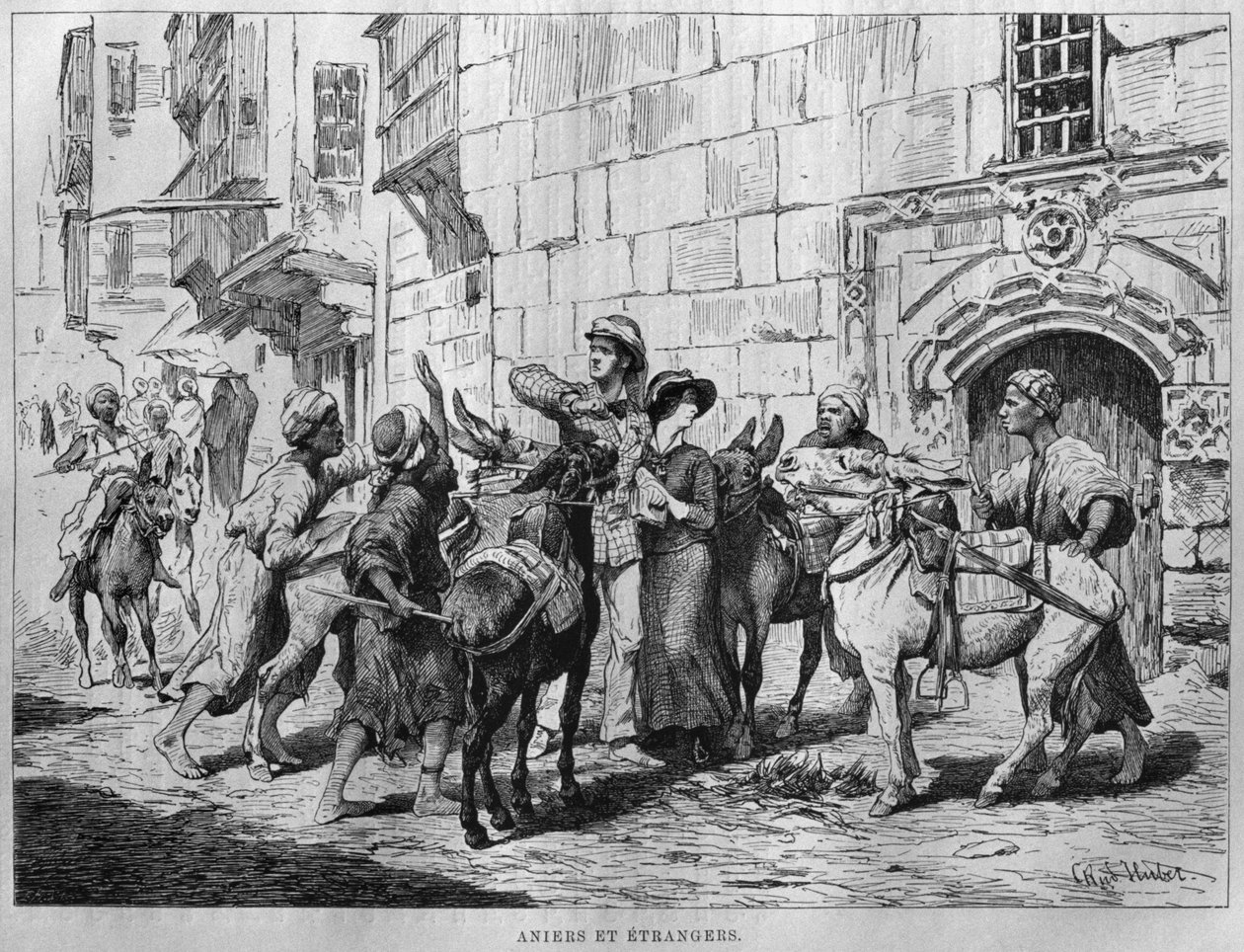 गधा ड्राइवरों और पर्यटकों, जॉर्ज मोरिट्ज आइबर्स (1837-98) के लिजीप से, 1881 (बीडब्ल्यू उत्कीर्णन) द्वारा जर्मन स्कूल