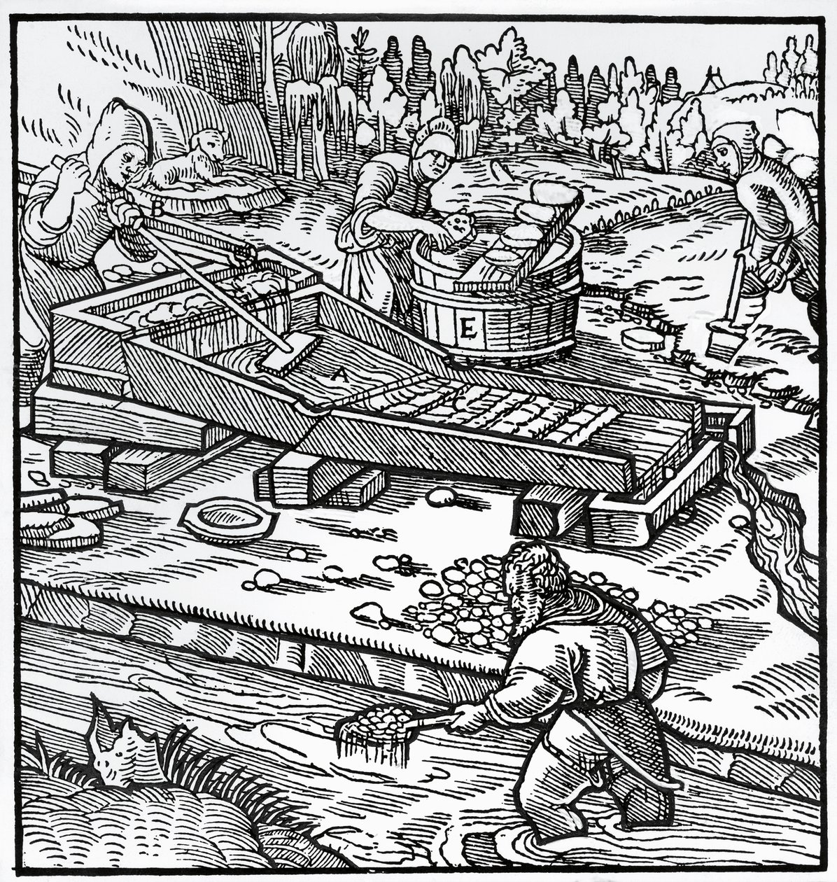 जॉर्ज पावर या जॉर्जियस एग्रीकोला (1494-1555) द्वारा डी रे मेटालिका (धातुओं की प्रकृति पर) से उत्कीर्णन द्वारा जर्मन स्कूल